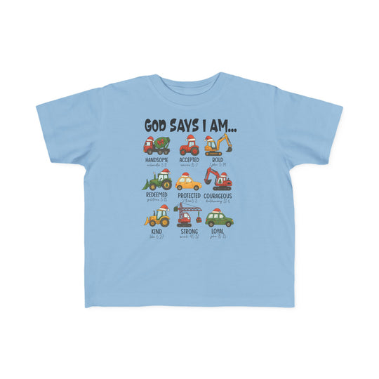 Light-blue toddler tee featuring God Says I Am with nine vehicles in Santa hats, each accompanied by an encouraging adjective and Bible reference.
