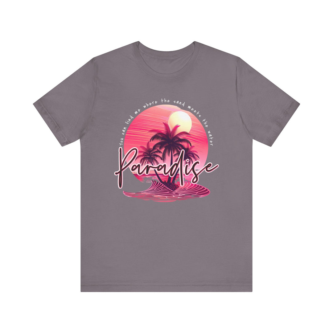 The Paradise Tee is a classic unisex jersey t-shirt, featuring soft cotton fabric with ribbed knit collars and tapered shoulders for a comfortable fit.