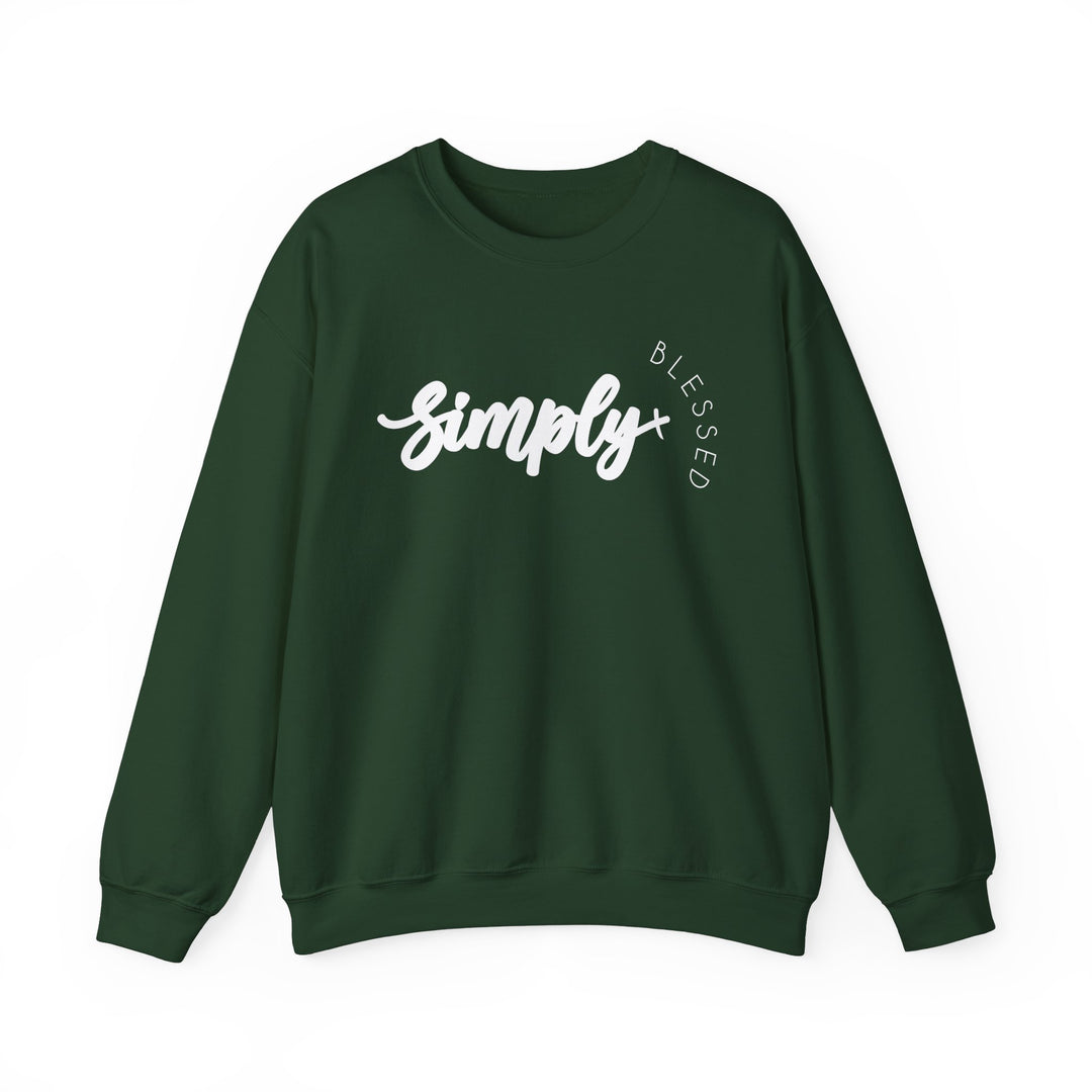 Simply Blessed Crew sweatshirt, featuring a green color and white text. Made from a polyester-cotton blend, it offers a comfortable, loose fit with ribbed knit collar.