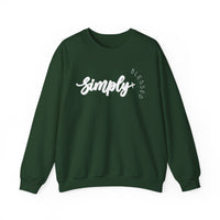 Simply Blessed Crew sweatshirt, featuring a green color and white text. Made from a polyester-cotton blend, it offers a comfortable, loose fit with ribbed knit collar.