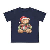 Christmas Bear Baby Tee: Navy blue toddler T-shirt featuring a cute teddy bear in a Santa hat and patchwork sweater, perfect for stylish, comfortable first steps.