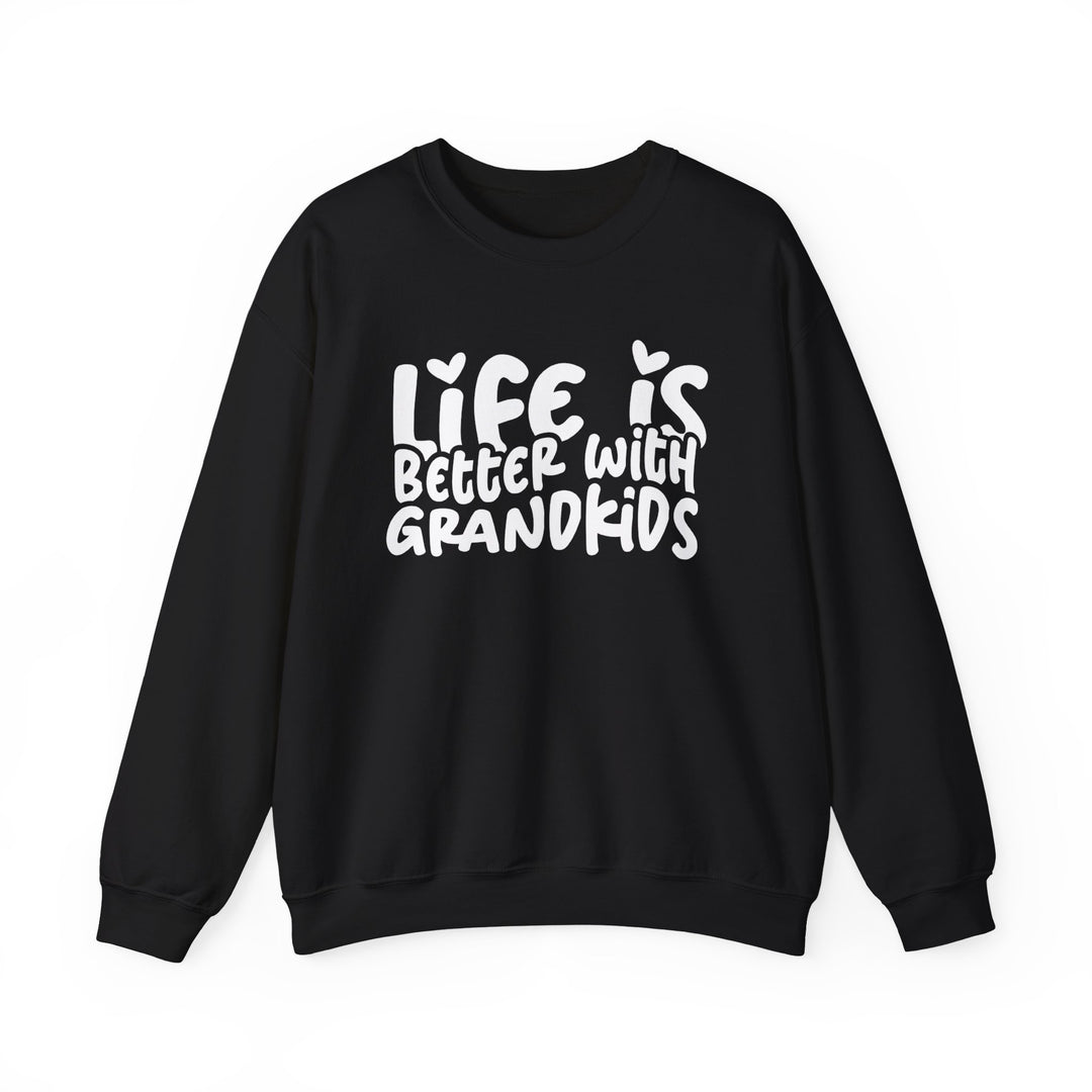 Black sweatshirt with white slogan Life is better with grandkids and heart accents, from Faith Family Designs. Unisex, comfortable blend, ribbed collar, no side seams.