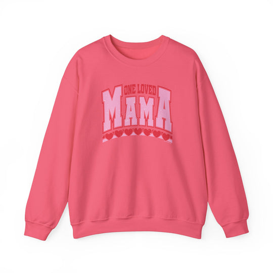One Loved Mama Crew: Pink sweatshirt featuring white text and a red heart design, offering comfort with a cotton-polyester blend and ribbed knit collar.