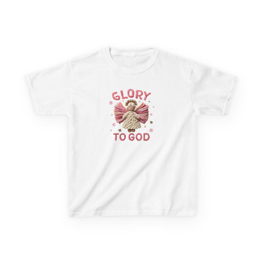 Glory to God Kids Tee featuring an embroidered-style pink and cream angel and stars, made of soft, durable cotton, perfect for everyday wear.