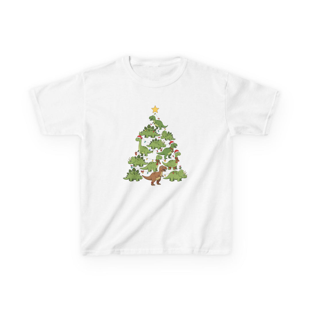 Dino Tree Kids Tee features cartoon dinosaurs forming a Christmas tree, adorned with lights, Santa hats, and a star, on a white cotton t-shirt.