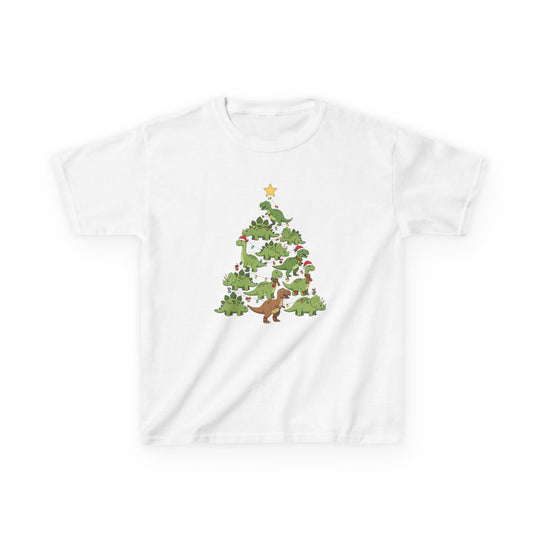 Dino Tree Kids Tee features cartoon dinosaurs forming a Christmas tree, adorned with lights, Santa hats, and a star, on a white cotton t-shirt.