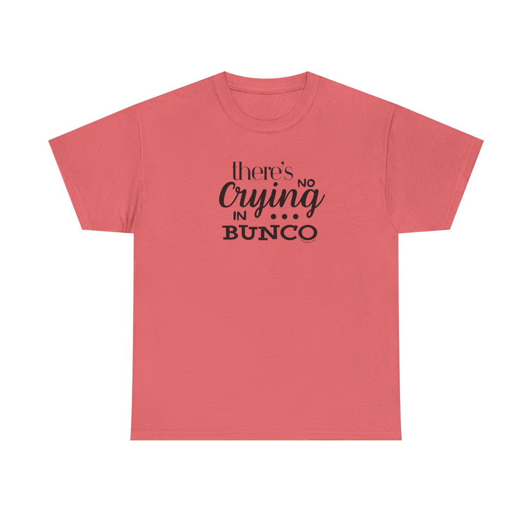 Unisex red t-shirt with No Crying in BUNCO text, classic fit, 100% cotton, medium-weight fabric, designed by Worlds Worst Tees.