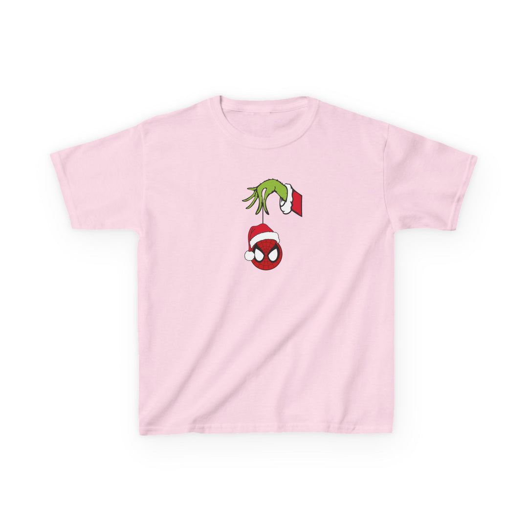 Spider Ball Christmas Kids Tee featuring the Grinch's hand holding a Spider-Man mask ornament with a Santa hat, perfect for festive everyday wear.