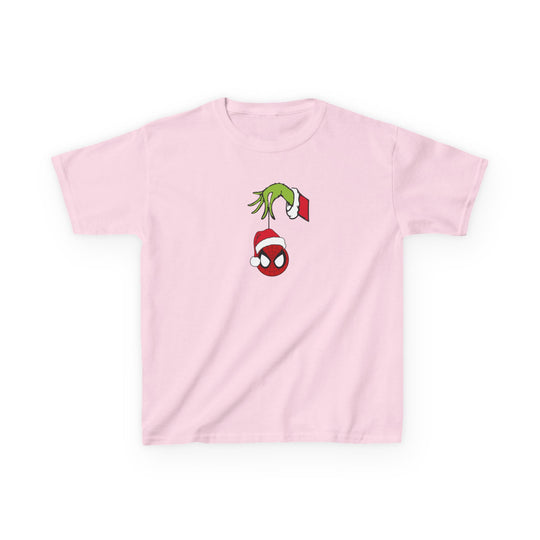 Spider Ball Christmas Kids Tee featuring the Grinch's hand holding a Spider-Man mask ornament with a Santa hat, perfect for festive everyday wear.