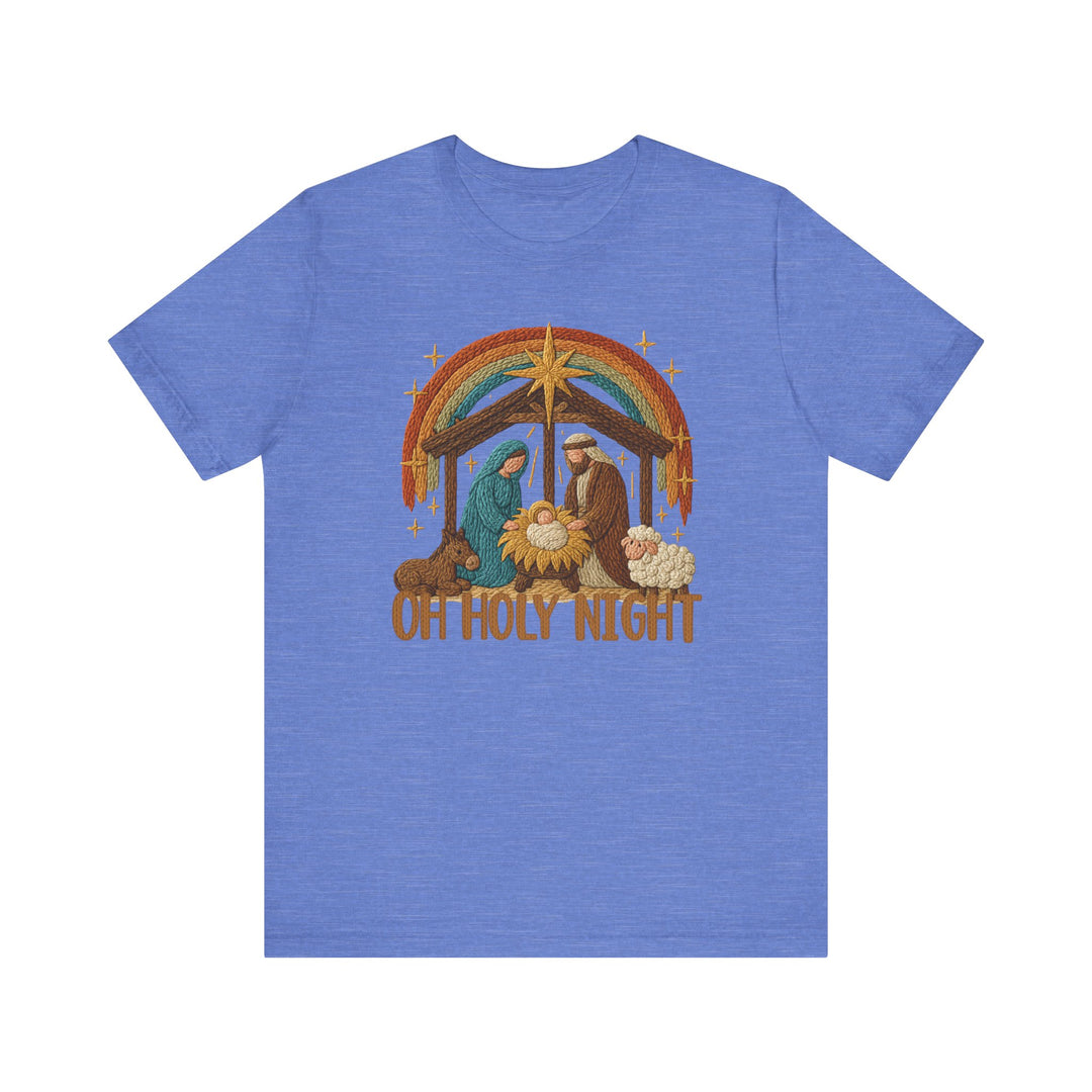 Oh Holy Night Tee featuring embroidered Nativity scene with Mary, Joseph, manger, donkey, sheep, and stars, crafted from soft cotton with ribbed knit collars for lasting shape.