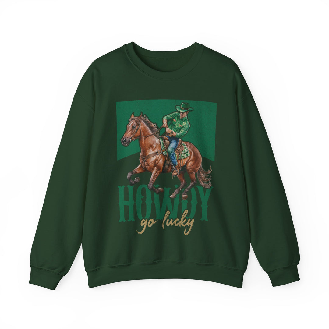 Howdy Go Lucky Crew sweatshirt featuring a cowboy riding a horse design, offering a comfortable fit with a blend of polyester and cotton for lasting wear.