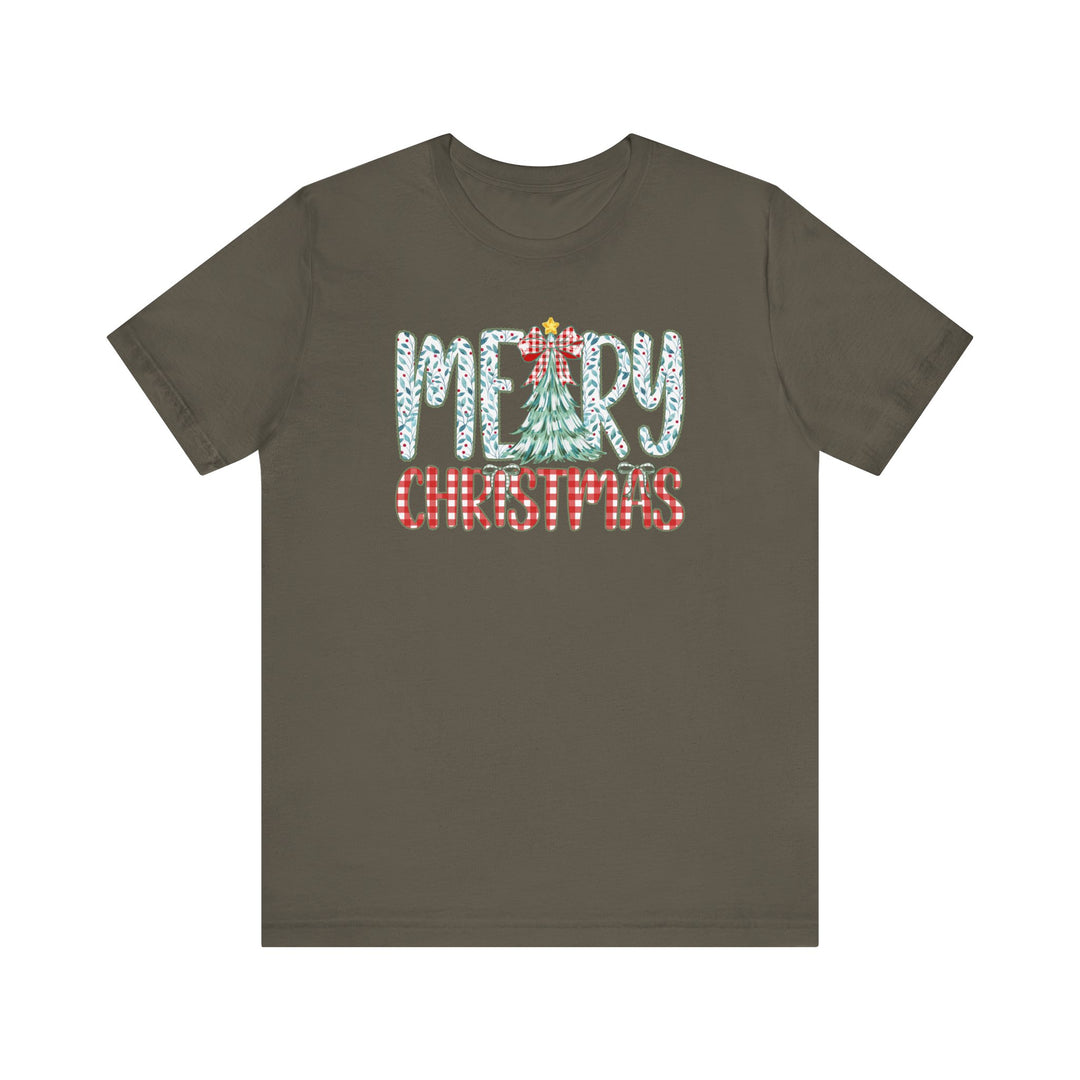Tree Christmas Tee with festive “MERRY Christmas” design, holly-patterned “MERRY” and gingham “Christmas”. A unisex fit, soft cotton, perfect for seasonal cheer.