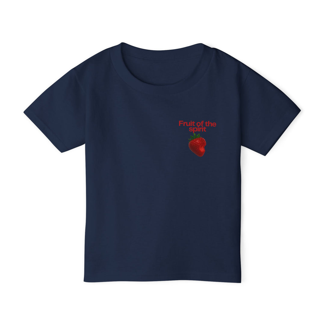 Navy blue toddler tee featuring Fruit of the Spirit in red text with a strawberry graphic, offering comfort and style with eco-friendly cotton.