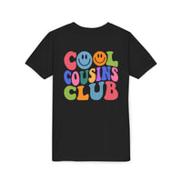 Youth short-sleeve tee showcasing Cool Cousins Club design, made from soft, lightweight ring-spun cotton, perfect for kids' comfort and custom artwork display.
