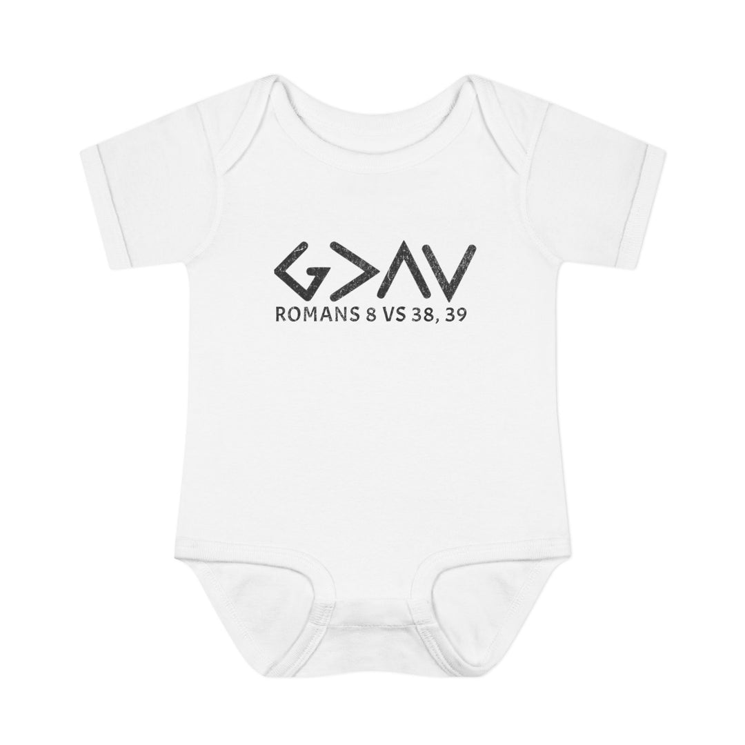 God is Greater Onesie: A white baby bodysuit featuring black text, crafted from soft, 100% ring-spun cotton with lap shoulders for easy dressing.