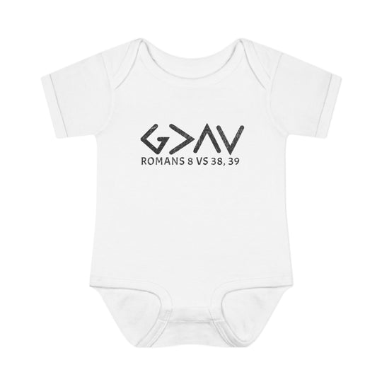 God is Greater Onesie: A white baby bodysuit featuring black text, crafted from soft, 100% ring-spun cotton with lap shoulders for easy dressing.