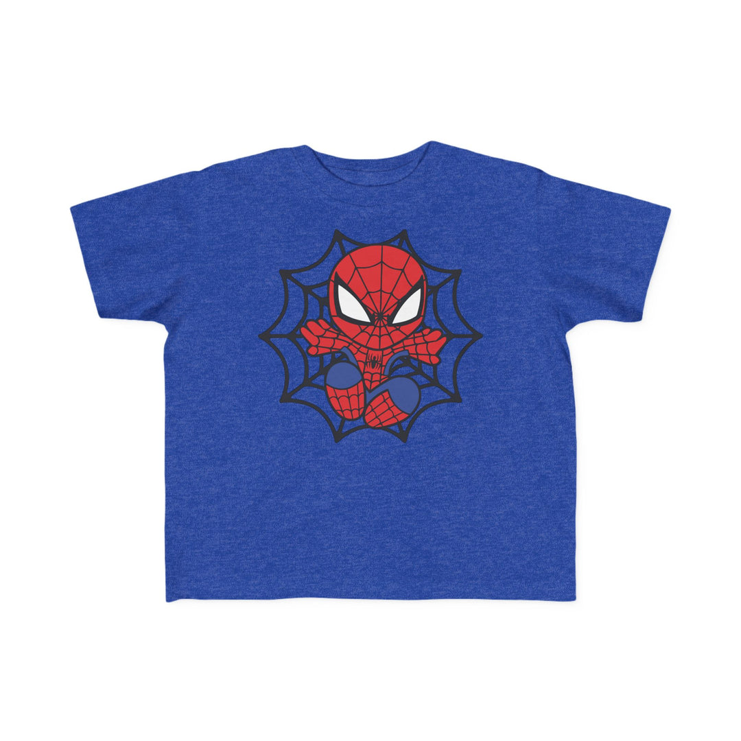 Spider Kid Toddler Tee featuring a cartoon Spider-Man in a crouched pose within a black web, ideal for toddlers with soft, durable cotton fabric.