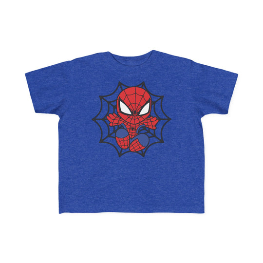 Spider Kid Toddler Tee featuring a cartoon Spider-Man in a crouched pose within a black web, ideal for toddlers with soft, durable cotton fabric.