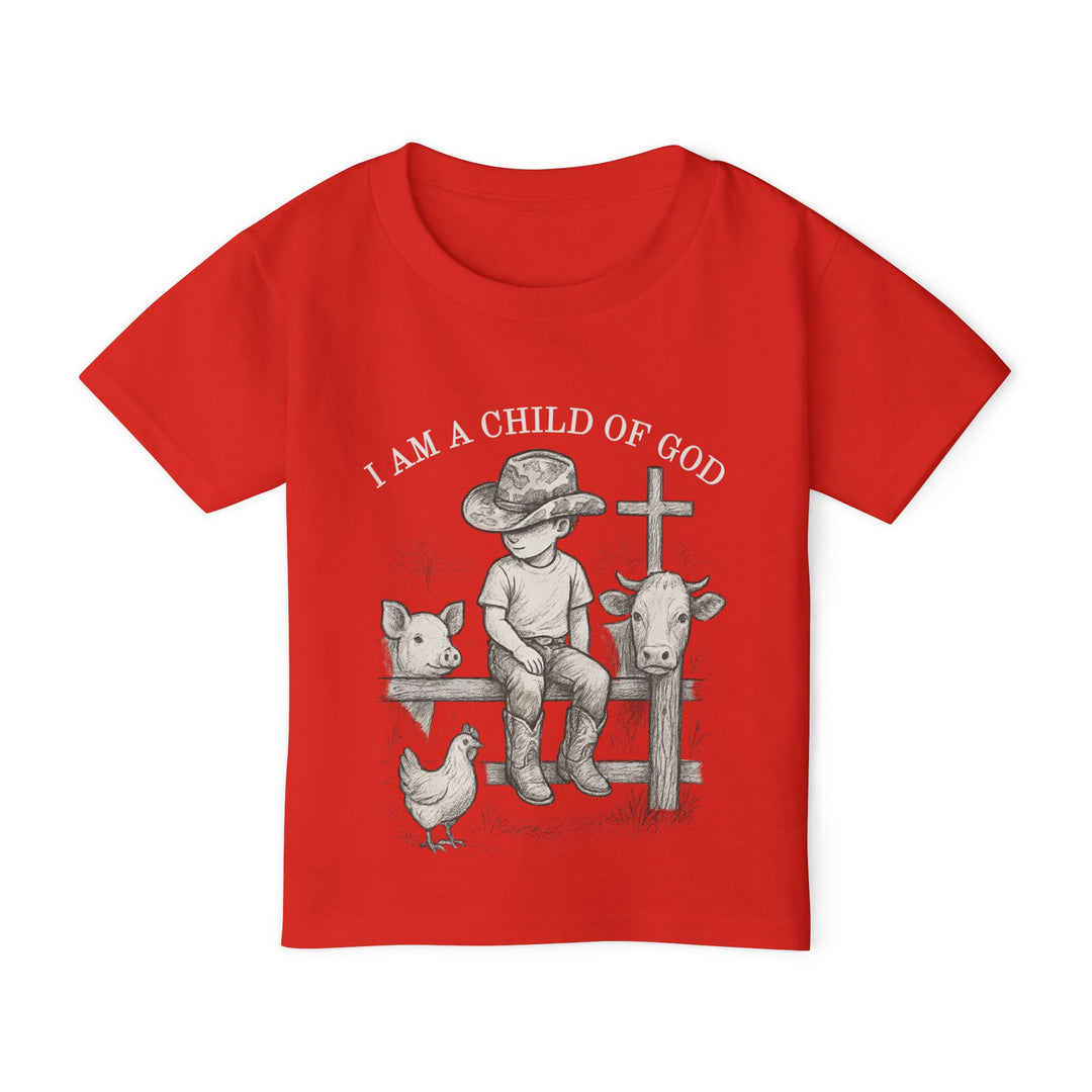 Toddler tee with I AM A CHILD OF GOD above a boy in cowboy attire, surrounded by farm animals, emphasizing faith and playful design.