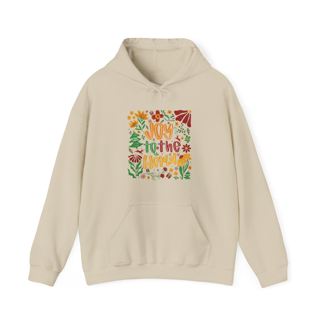 Light-cream hoodie with Joy to the World graphic featuring flowers, holly, and Christmas motifs, offering warmth and style for cold days.
