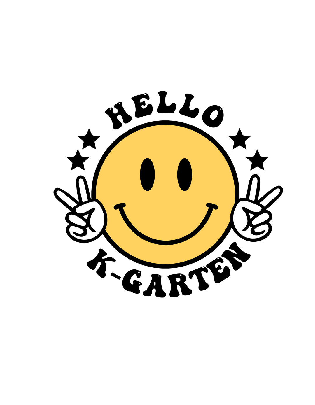 Hello Kindergarten Toddler Tee featuring a yellow smiley face with white hands, a peace sign, and black ovals on a light fabric tee for sensitive skin. Ideal for first ventures.