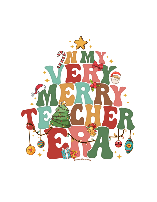 A unisex heavy blend crewneck sweatshirt featuring a cartoon Christmas tree, Santa Claus ornament, and festive ornaments. Comfortable, medium-heavy fabric with ribbed knit collar. Ideal for a Verry Merry Teacher Crew.