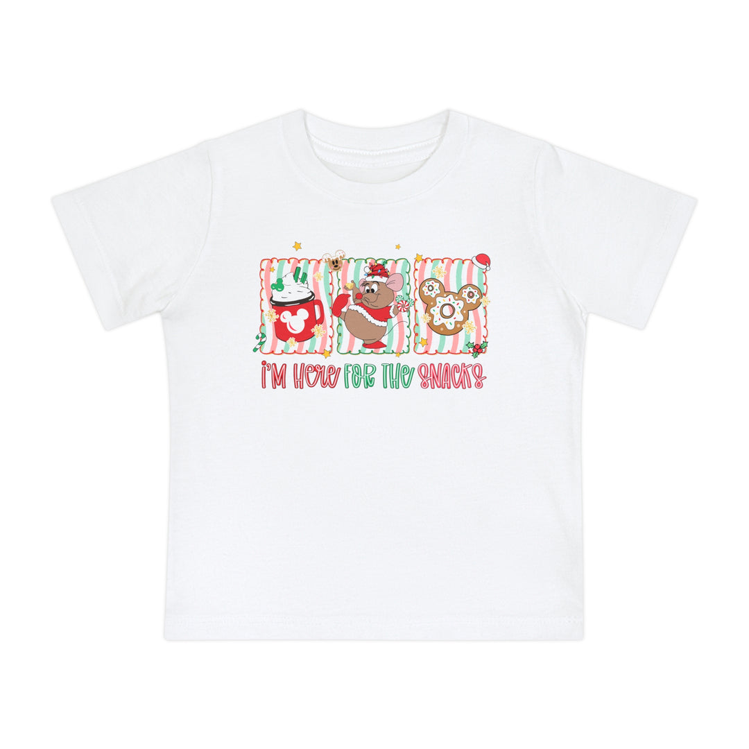 Here for the Snacks Baby Tee featuring festive snack-themed designs: hot cocoa, Christmas cookie, Mickey-head donut. Perfect for stylish, comfortable, holiday-themed wear for babies.