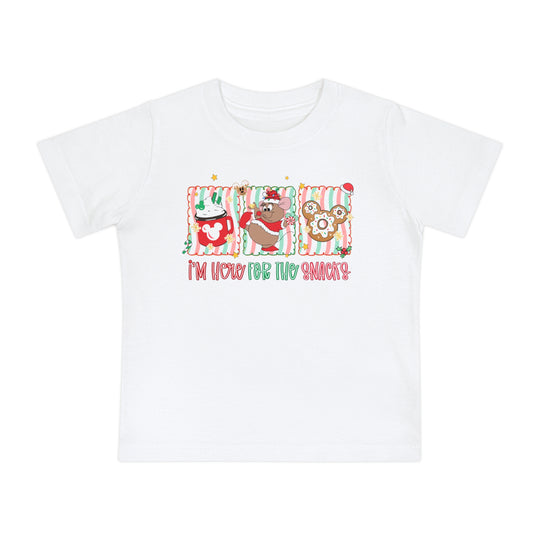 Here for the Snacks Baby Tee featuring festive snack-themed designs: hot cocoa, Christmas cookie, Mickey-head donut. Perfect for stylish, comfortable, holiday-themed wear for babies.