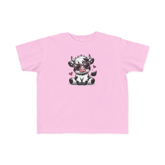 Cute Cow Toddler Tee featuring a cartoon cow in sunglasses on a pink shirt. Soft 100% combed ringspun cotton, light fabric, tear-away label, classic fit. Sizes: 2T, 3T, 4T, 5-6T.