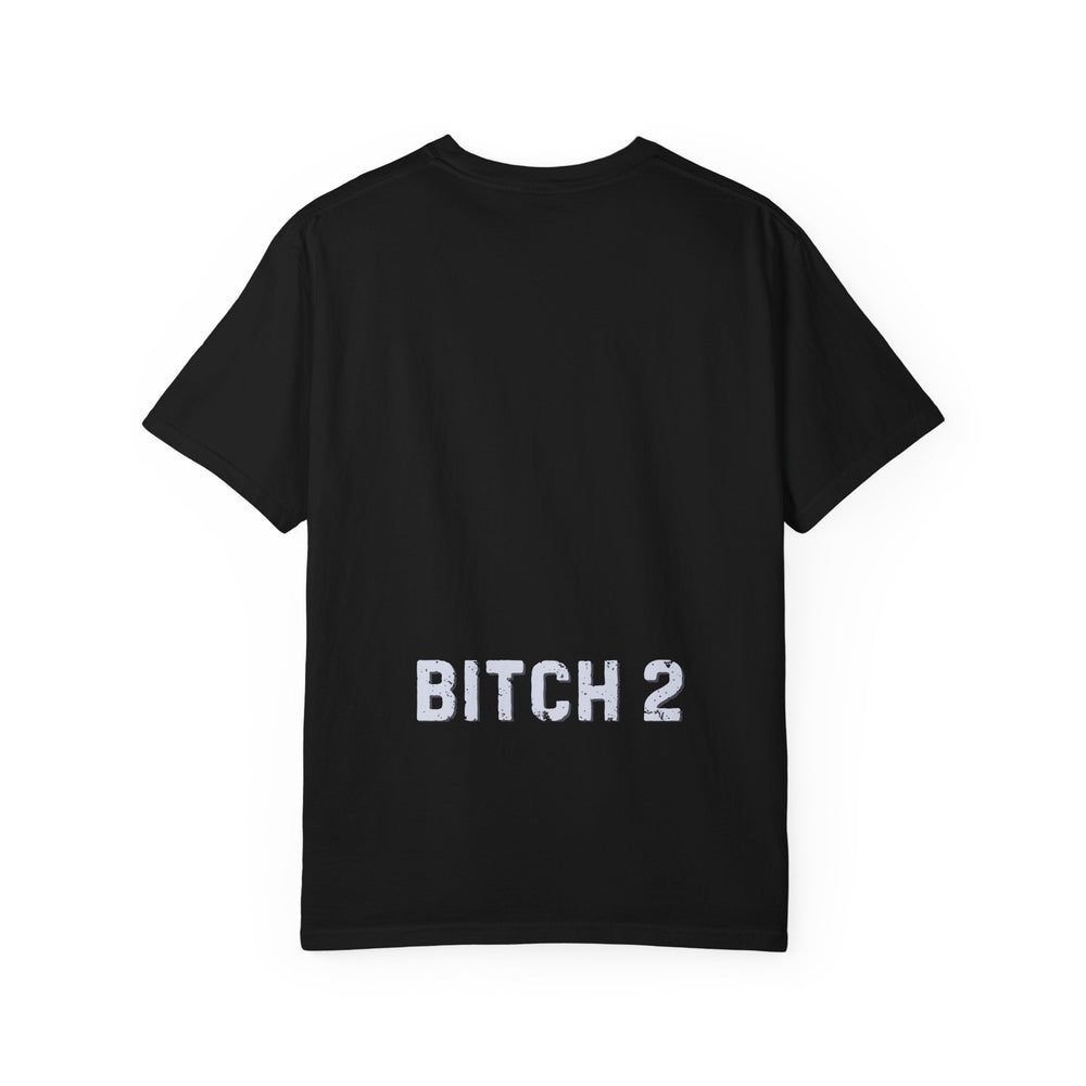 Back view of the EMOTIONAL SUPPORT BARTENDER TEE- 2, a black T-shirt with BITCH 2 in distressed white letters on the lower back.