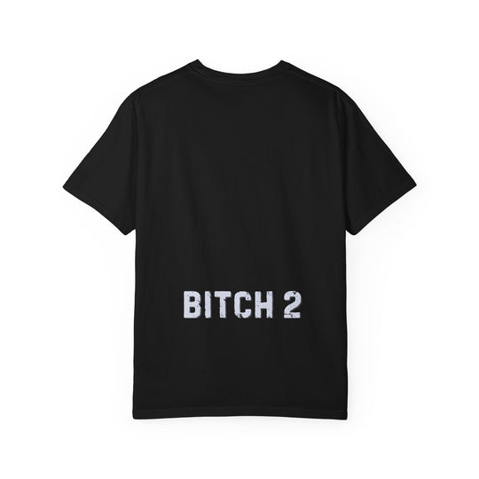 Back view of the EMOTIONAL SUPPORT BARTENDER TEE- 2, a black T-shirt with BITCH 2 in distressed white letters on the lower back.