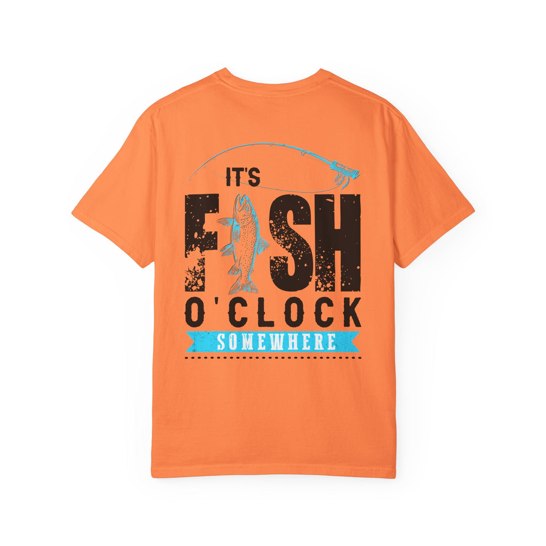 The It's Fish O'clock Somewhere Tee is a soft, durable garment-dyed t-shirt made of 100% ring-spun cotton, featuring a relaxed fit and crew neckline.