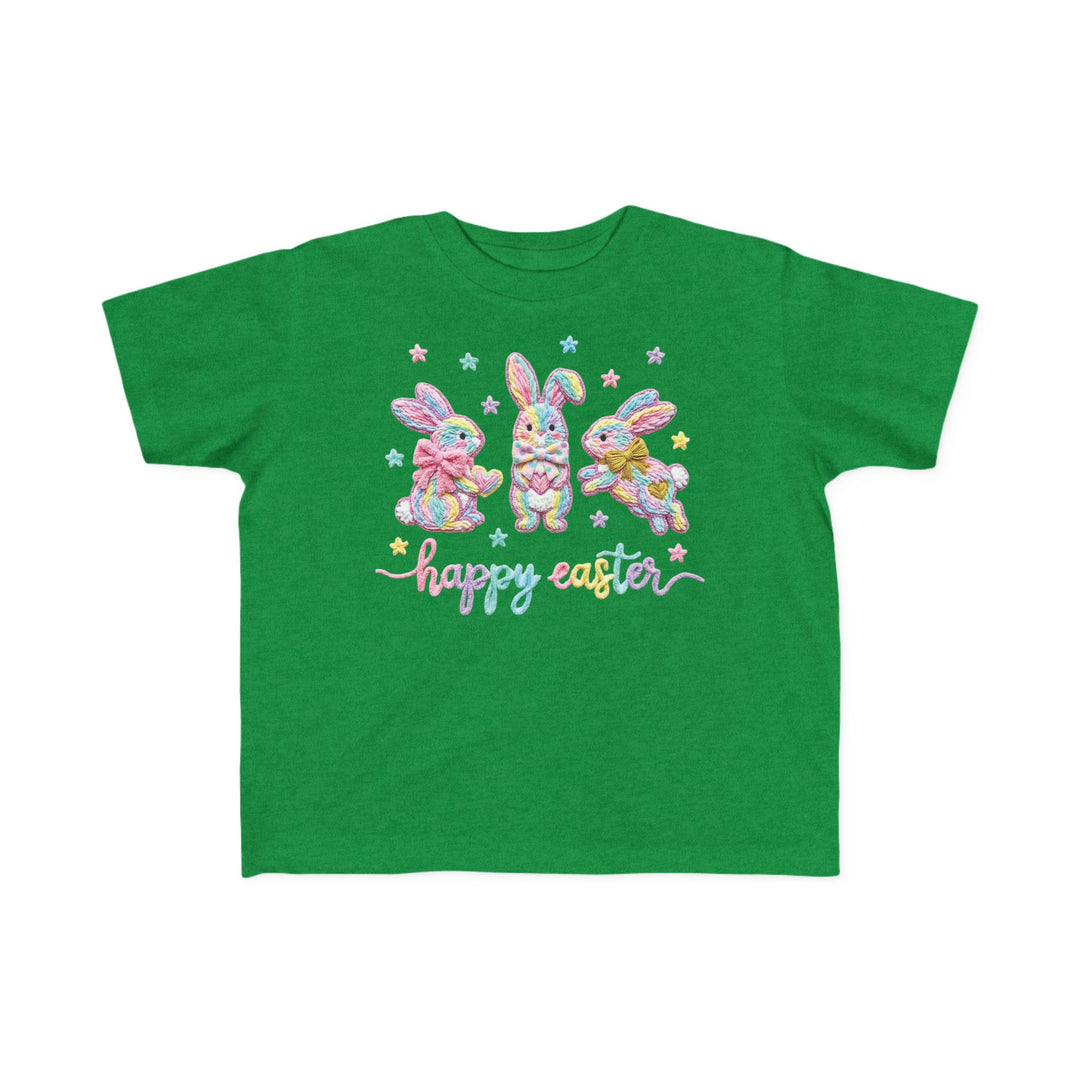 Easter Bunny Toddler Tee featuring yarn-style bunnies with bows, pastel Easter design, and happy easter text, perfect for a toddler's sensitive skin.