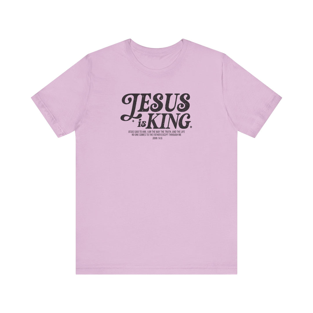 Jesus is King Tee, a classic unisex jersey t-shirt with short sleeves and ribbed knit collars, featuring a simple design with black text.