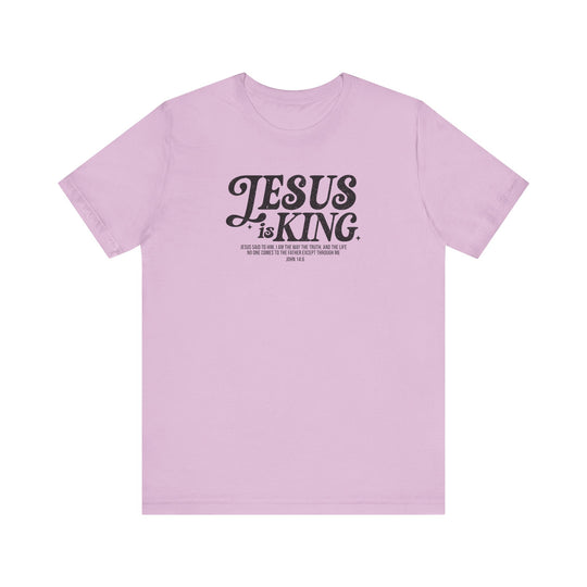 Jesus is King Tee, a classic unisex jersey t-shirt with short sleeves and ribbed knit collars, featuring a simple design with black text.