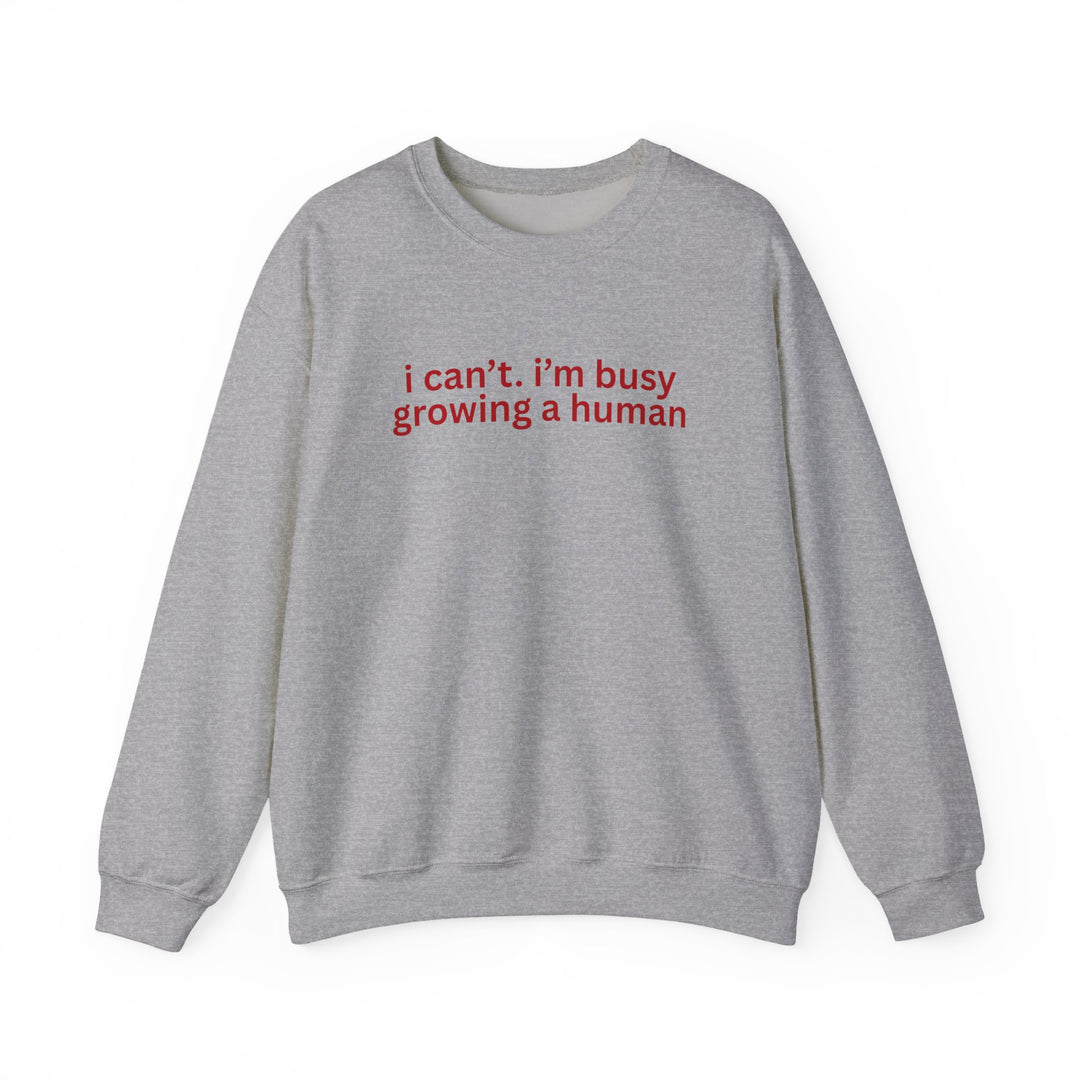 Light-gray crewneck sweatshirt with red slogan i can’t. i’m busy growing a human. across the chest, offering comfort and durability.