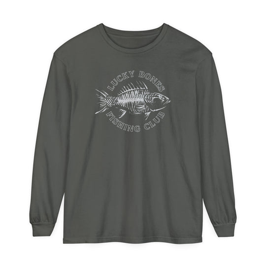 Lucky Bones Fishing Club Long Sleeve Tee: A grey shirt featuring a fish design, made of 100% ring-spun cotton for softness and style. Perfect for casual wear with a relaxed fit. From Worlds Worst Tees.