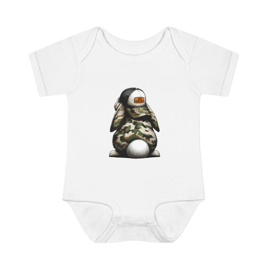 Egg Hunter Onesie: A white baby bodysuit featuring a cartoon bunny wearing a hat, made from soft ring-spun cotton for comfort. Ideal for infants, with lap shoulders for easy dressing.