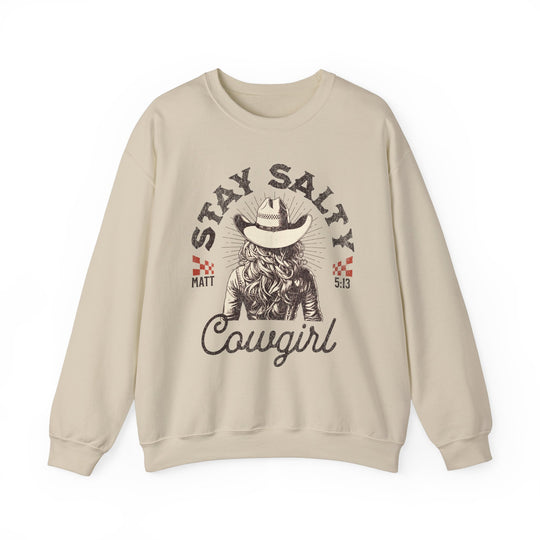 Stay Salty Crew sweatshirt featuring a graphic of a woman in a cowboy hat, offering a cozy blend of cotton and polyester with a ribbed collar.