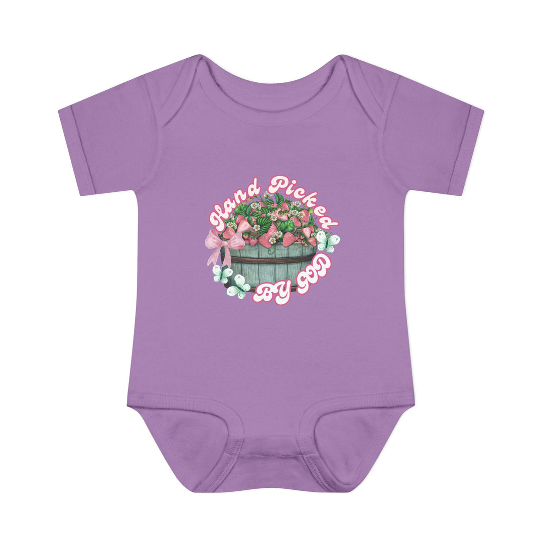 Hand Picked by GOD Onesie, infant unisex fit, soft ring-spun cotton with lap shoulders for easy dressing, perfect for comfort and mobility.