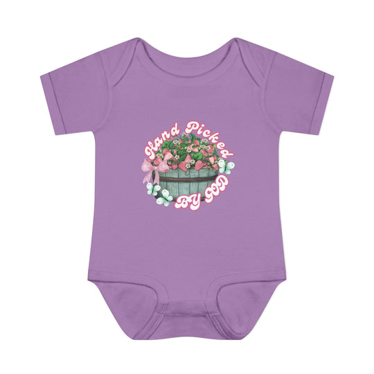 Hand Picked by GOD Onesie, infant unisex fit, soft ring-spun cotton with lap shoulders for easy dressing, perfect for comfort and mobility.