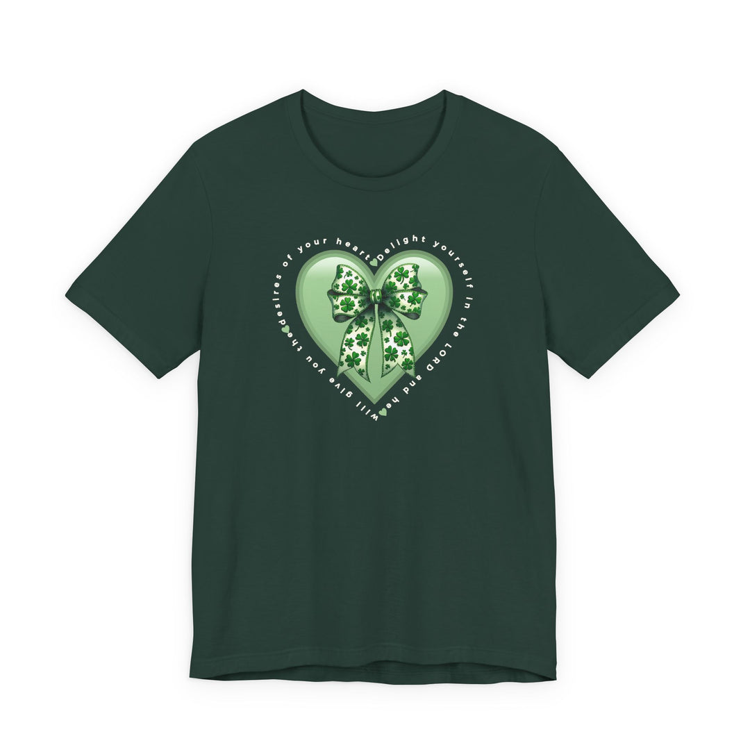 Delight in the LORD Tee featuring a light-green heart with shamrock bow and inspirational quote, crafted from soft cotton with ribbed collar and durable seams.