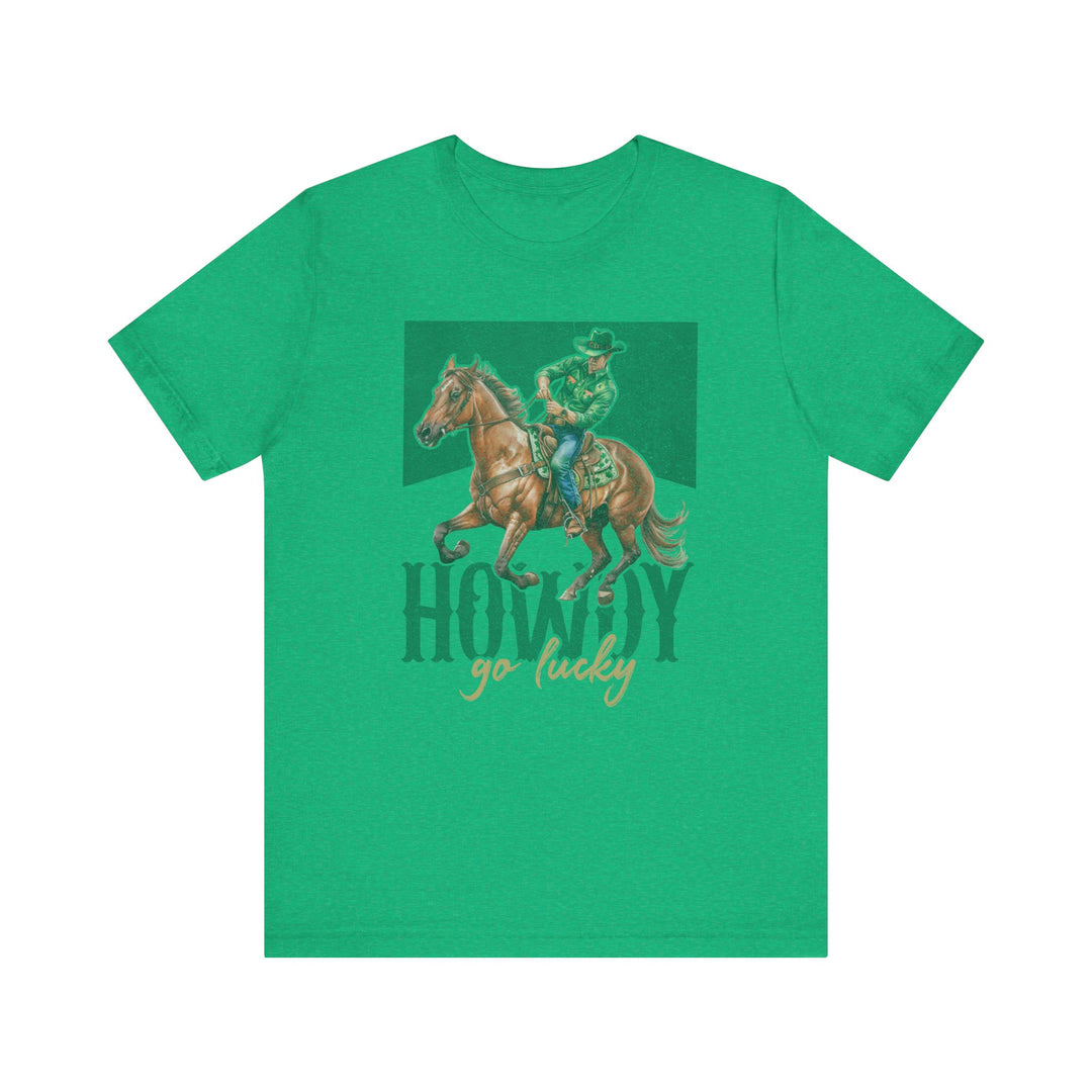 Howdy Go Lucky Tee featuring a cowboy riding a horse, designed on a classic unisex jersey short sleeve, perfect for fans of unique graphic t-shirts.