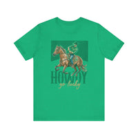 Howdy Go Lucky Tee featuring a cowboy riding a horse, designed on a classic unisex jersey short sleeve, perfect for fans of unique graphic t-shirts.