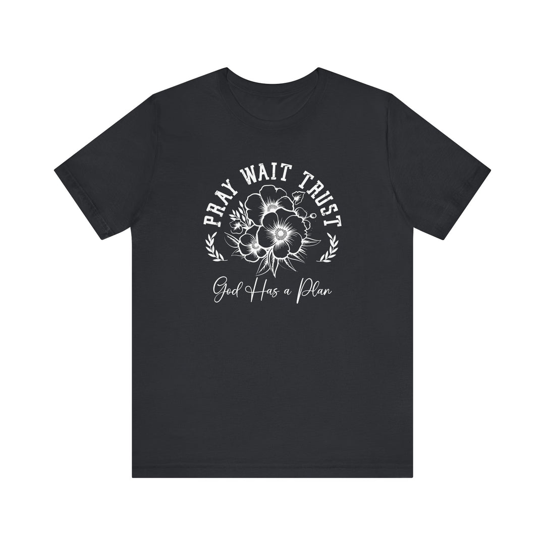 Pray Wait Trust Tee featuring a black t-shirt with distinctive white text design, crafted from soft cotton with ribbed knit collars and dual side seams for durability.