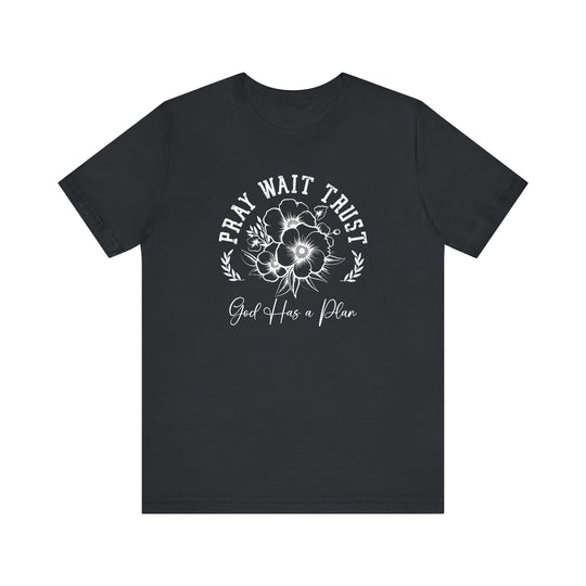 Pray Wait Trust Tee featuring a black t-shirt with distinctive white text design, crafted from soft cotton with ribbed knit collars and dual side seams for durability.