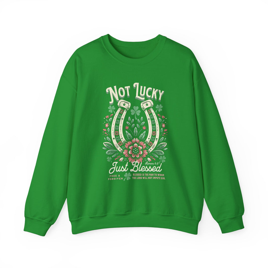 Blessed Crew sweatshirt featuring a horseshoe and floral design, ideal for comfort with a blend of polyester and cotton, suitable for various sizes.
