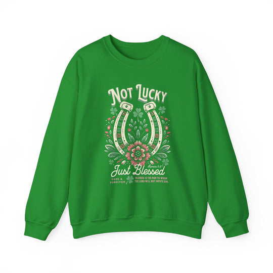 Blessed Crew sweatshirt featuring a horseshoe and floral design, ideal for comfort with a blend of polyester and cotton, suitable for various sizes.