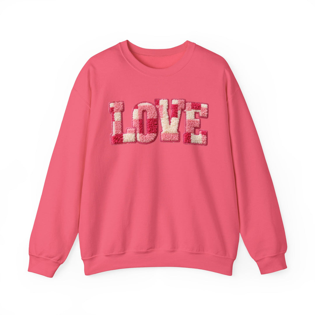 Love Crew sweatshirt with LOVE in tufted applique, medium-heavy fabric, ribbed collar. Unisex, comfortable fit, polyester-cotton blend, designed by Faith Family Designs.