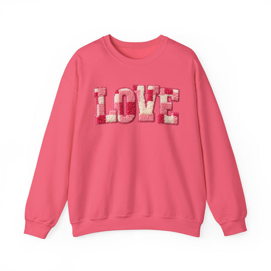 Love Crew sweatshirt with LOVE in tufted applique, medium-heavy fabric, ribbed collar. Unisex, comfortable fit, polyester-cotton blend, designed by Faith Family Designs.